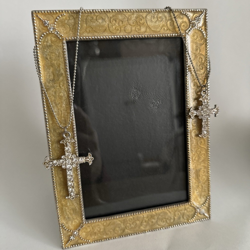 3.5" X 5.5" Photo Frame, Yellow Enameled Metal with Rhinestones Crosses On Chain
